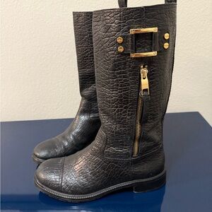Tory Burch Black Stowe Combat Boots with Gold Accents